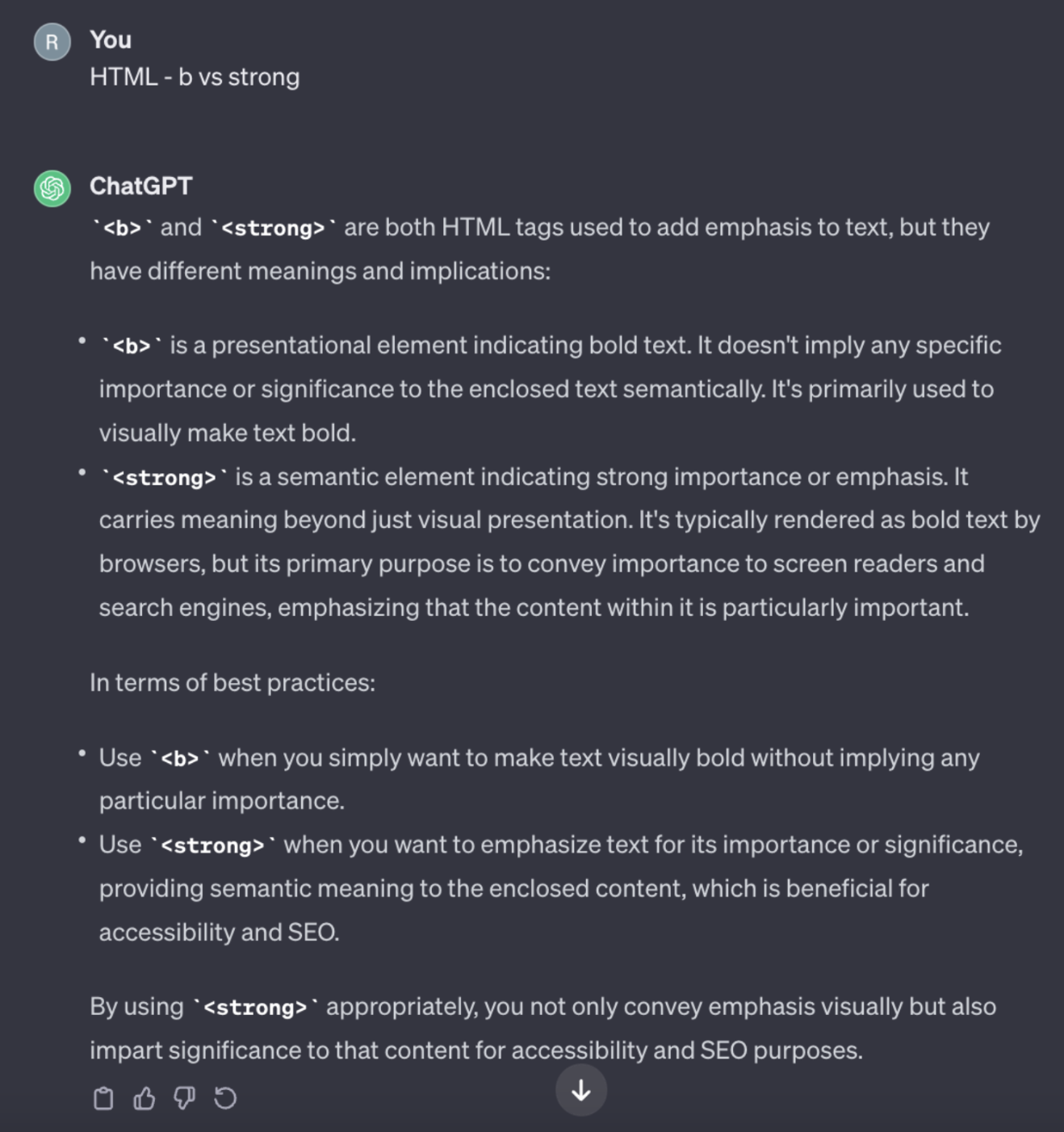 ChatGPT description about differences between b and strong tags