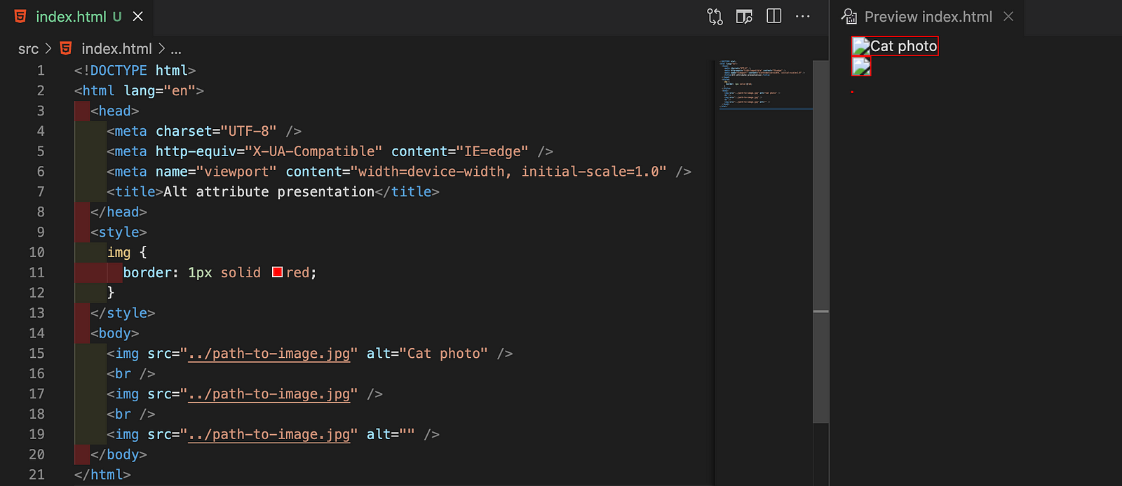 Code snippet that highlights distinctions in the usage of the alt attribute in various cases