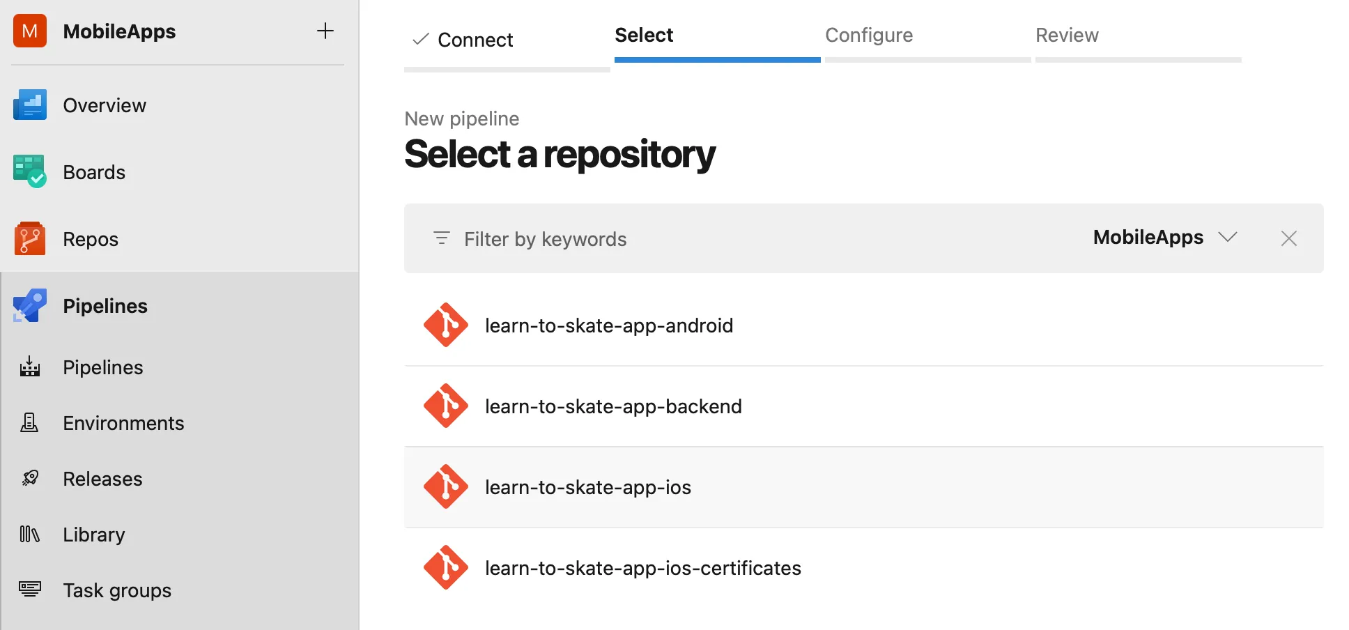 Select repository for pipeline Select repository for pipeline