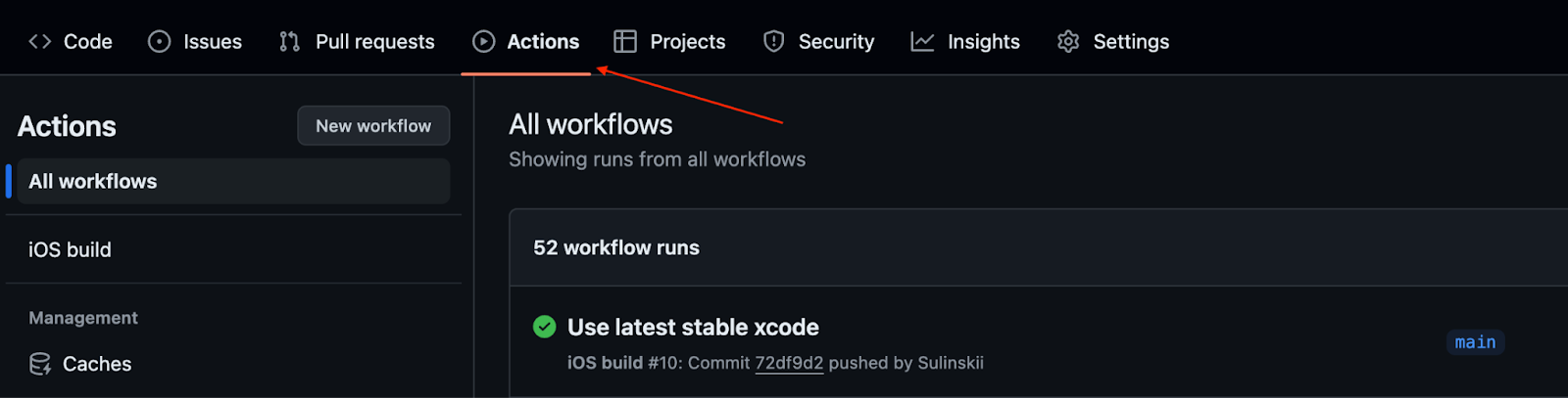 GitHub Actions tab with result latest build