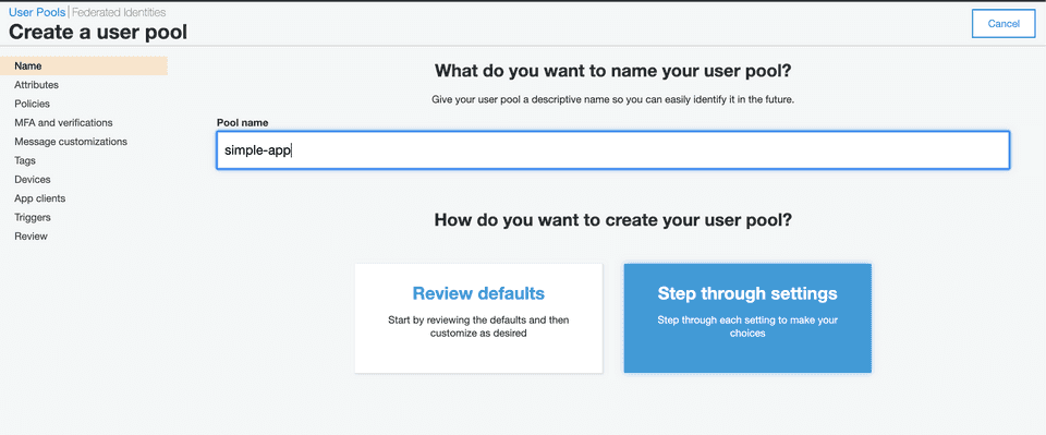 undefined create a user pool
