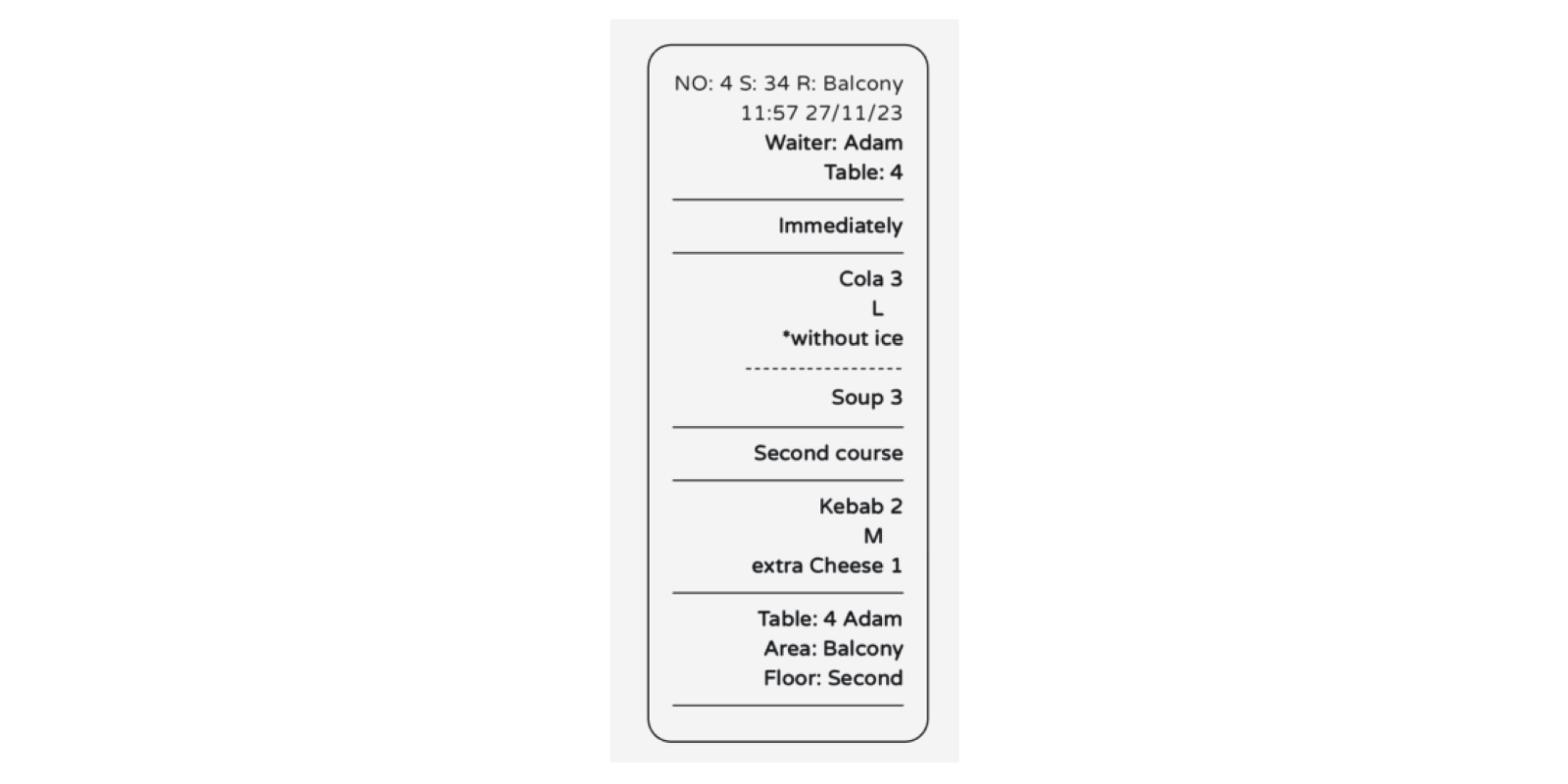 printed kitchen receipt - example