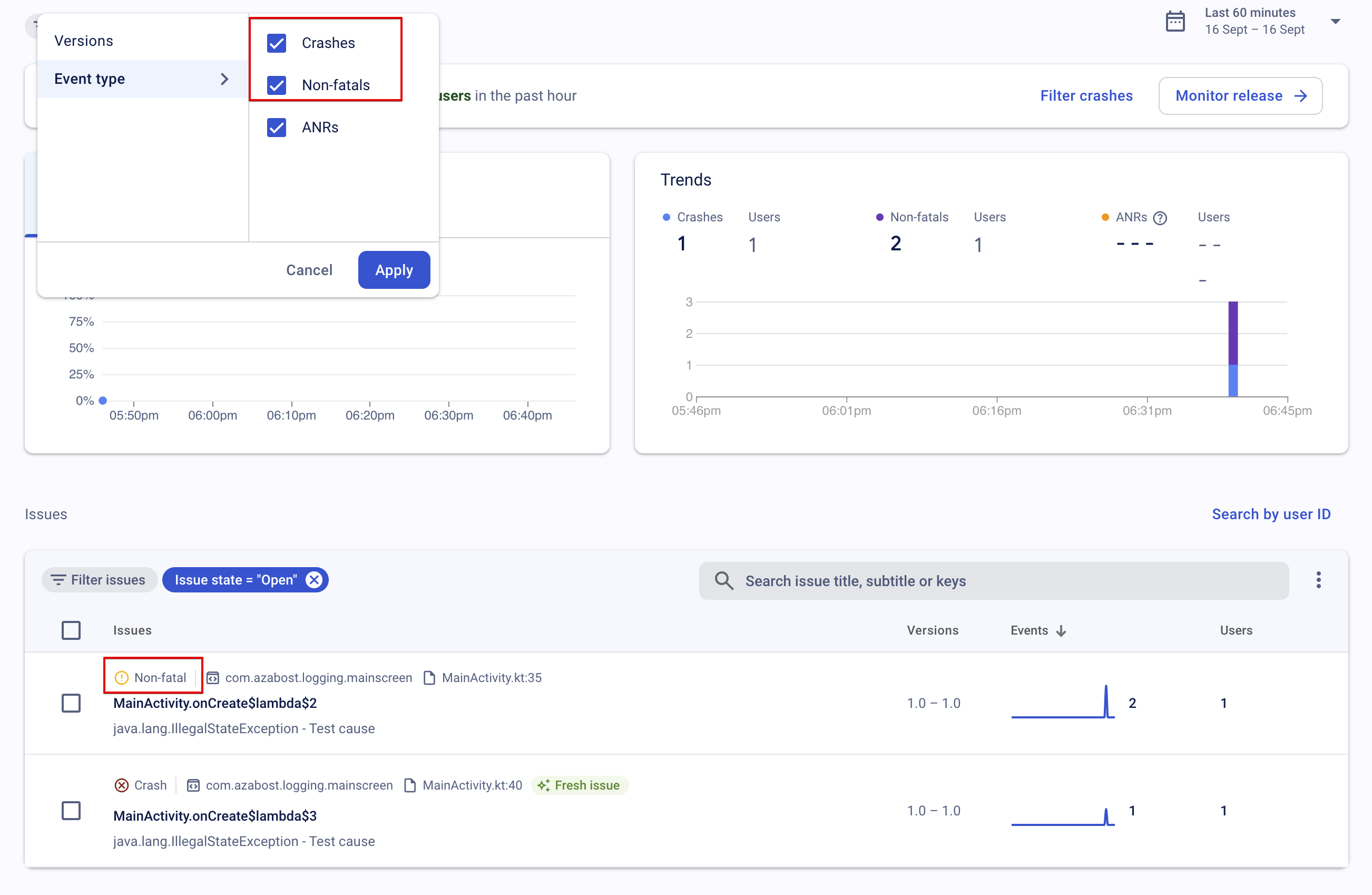 A screenshot of Crashlytics dashboard showing a non-fatal exception