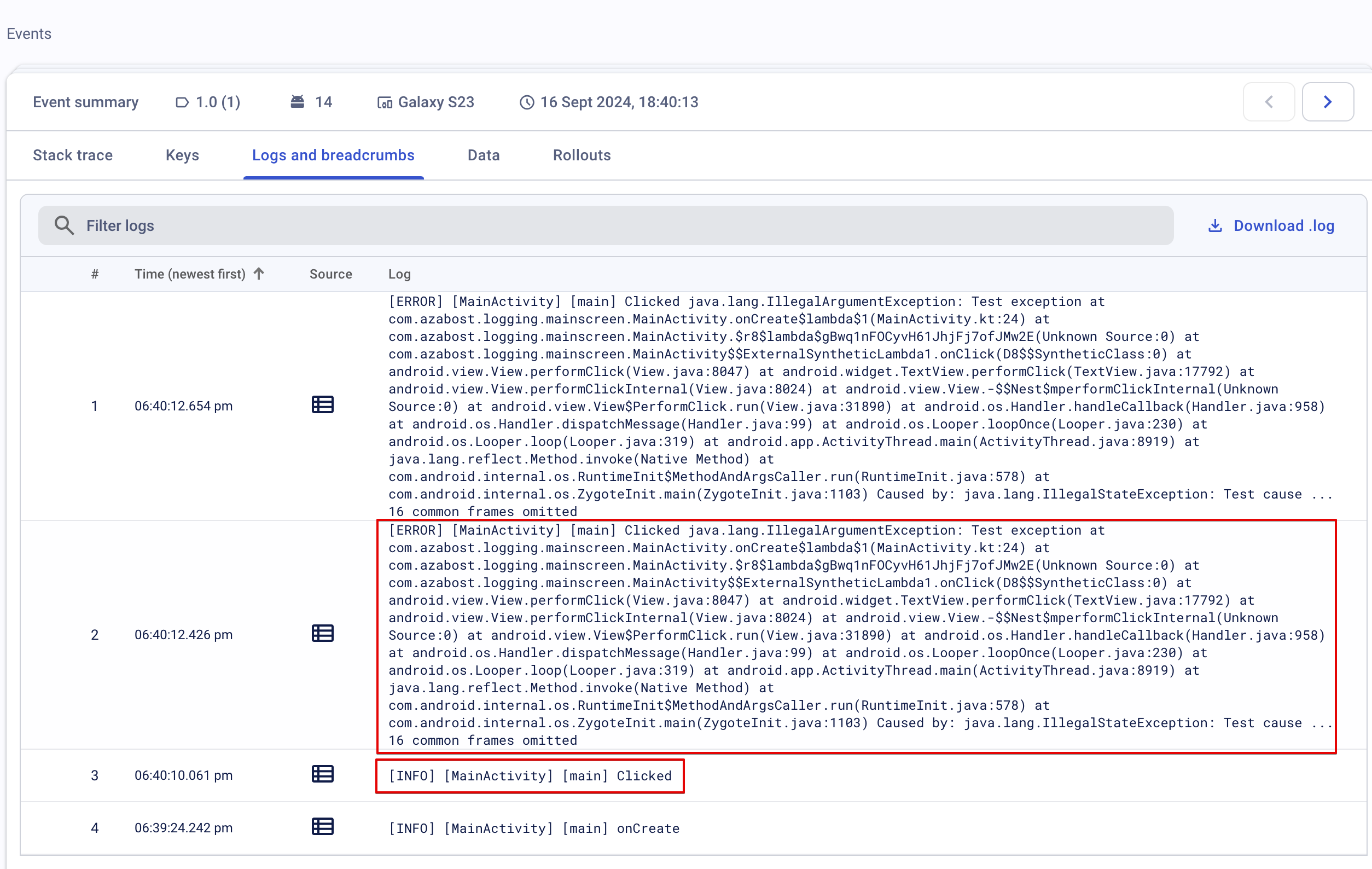 A screenshot of Crashlytics showing the expected logs attached to a crash