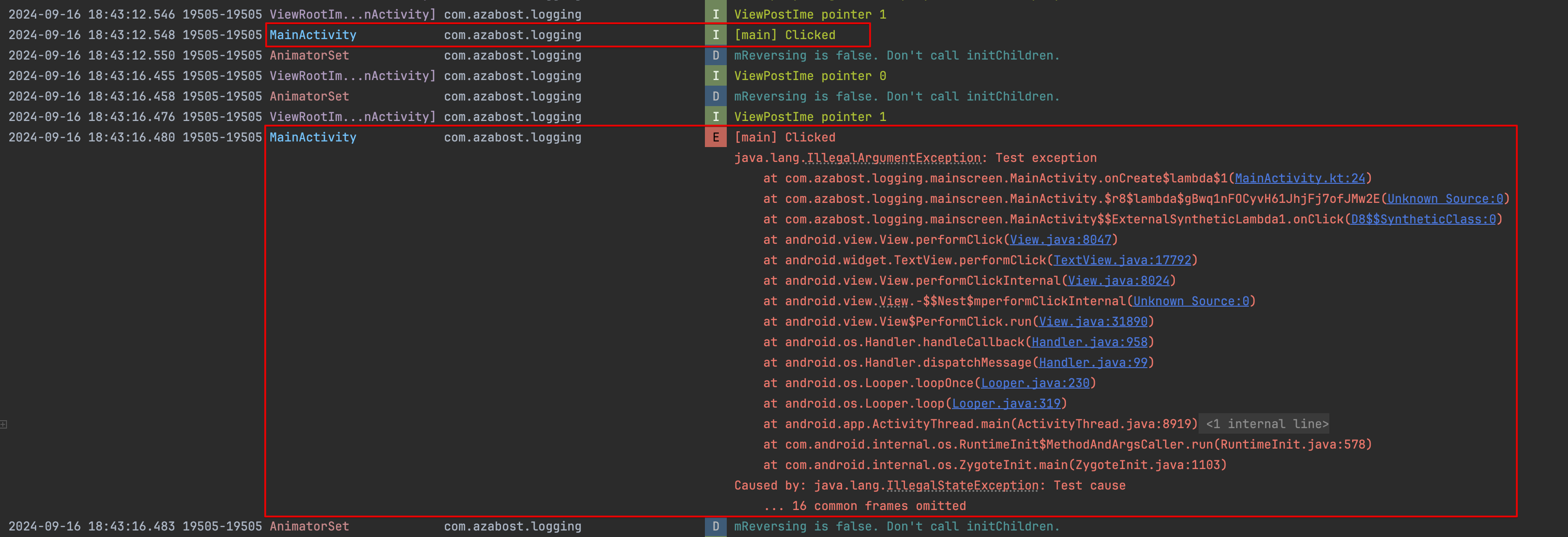 A screenshot of Logcat showing the expected logs