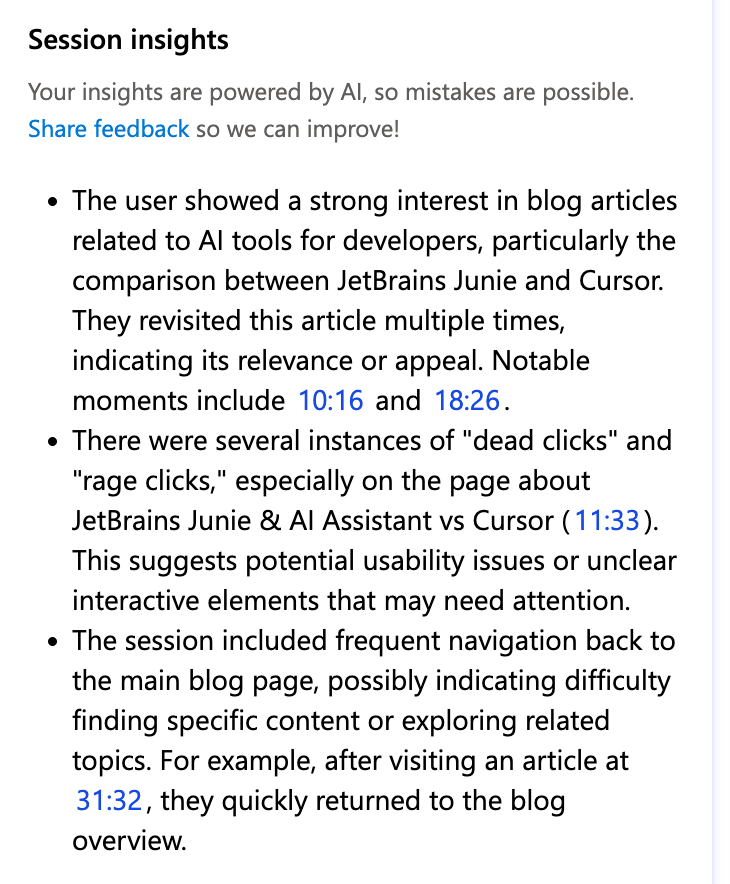 Microsoft Clarity - session insights example Microsoft Clarity - session insights example