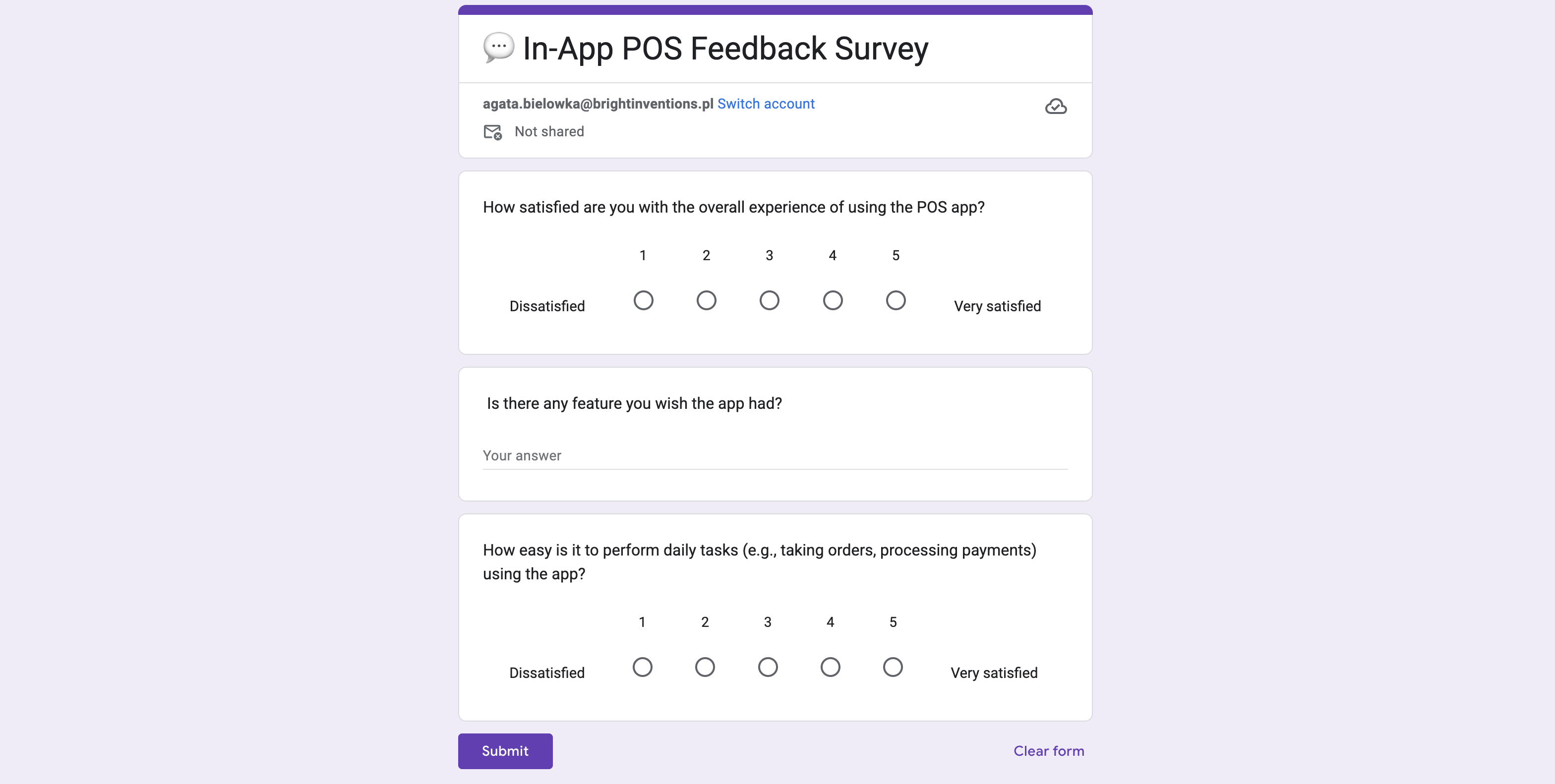 In-App Feedback Survey POS Feedback Survey
