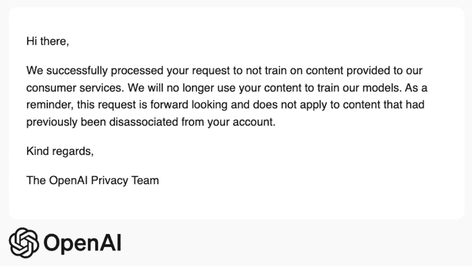 OpenAI message when you opt out from training